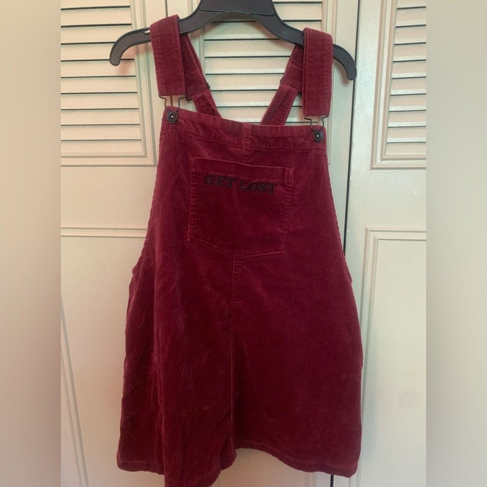 Hot Topic Dark Red Corduroy “Get Lost” overall dress